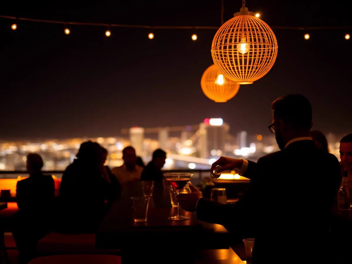 Stylish rooftop bar at night with warm amber lighting and city skyline